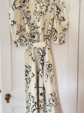 HUNTER BELL Cream and Black Abstract Print Midi Dress